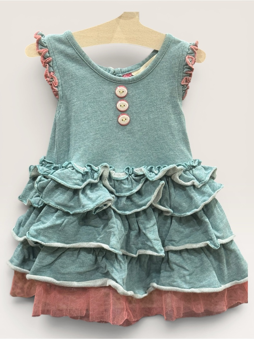 +NWOT Matilda Jane Baby Girl Teal Triple Ruffle Button Dress Pink Trim 3-6M